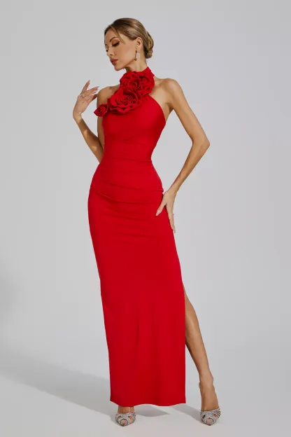Arnold Red Floral Ruched Halter Maxi Dress