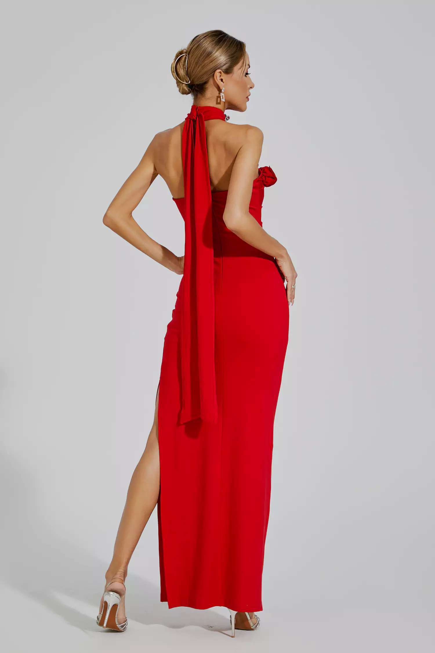 Arnold Red Floral Ruched Halter Maxi Dress