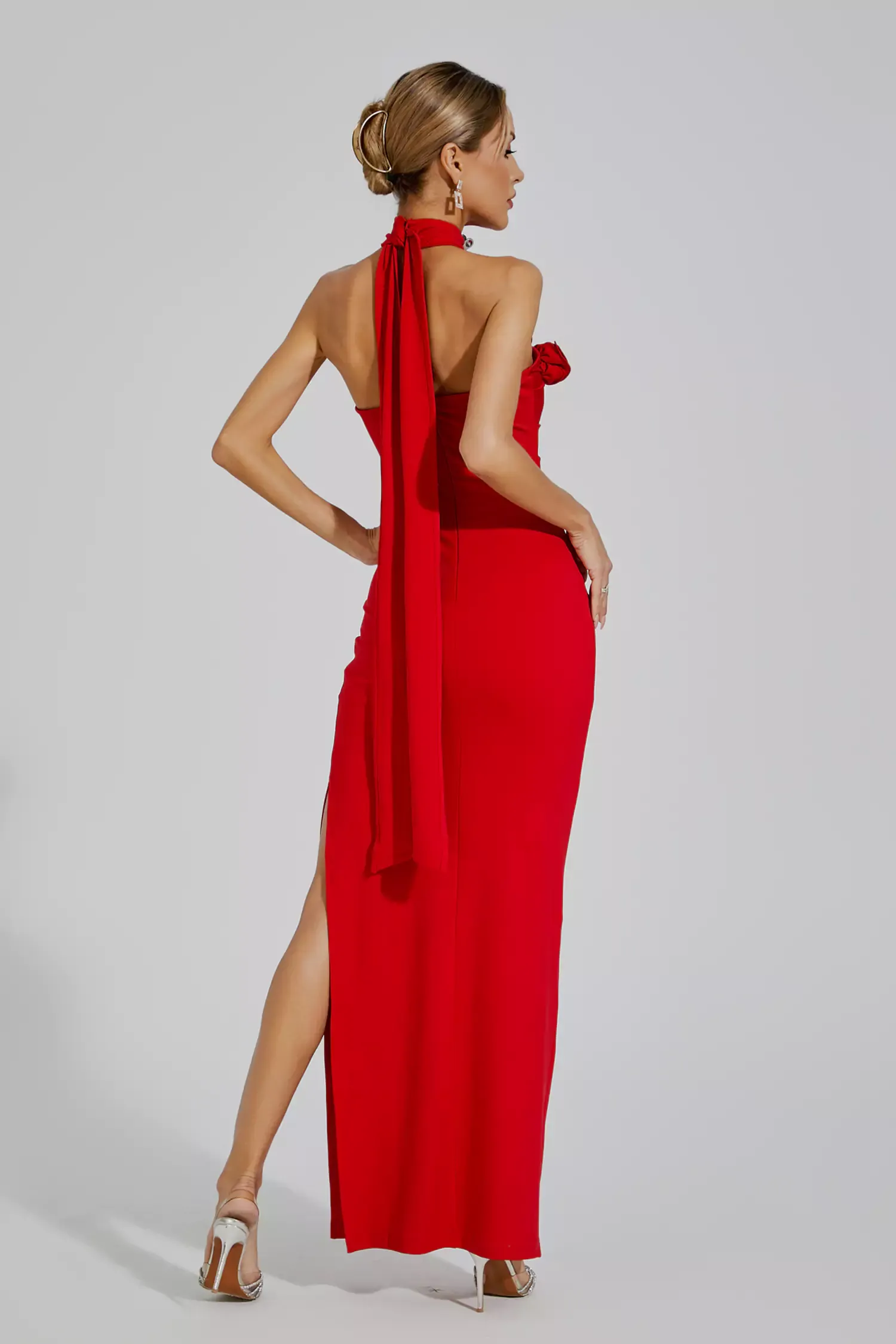 Arnold Red Floral Ruched Halter Maxi Dress