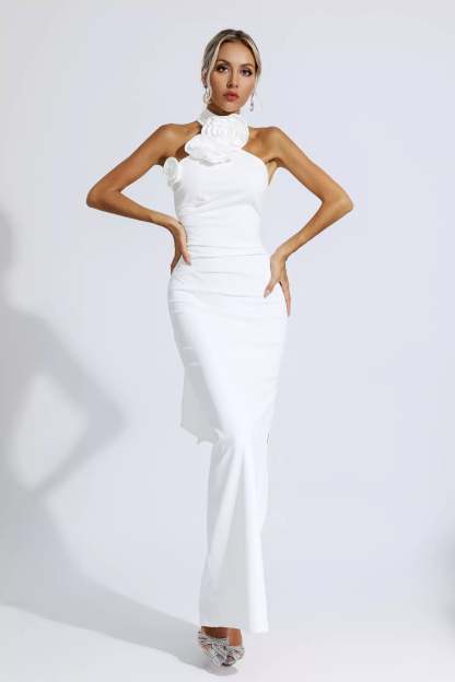 Arnold White Floral Ruched Halter Maxi Dress