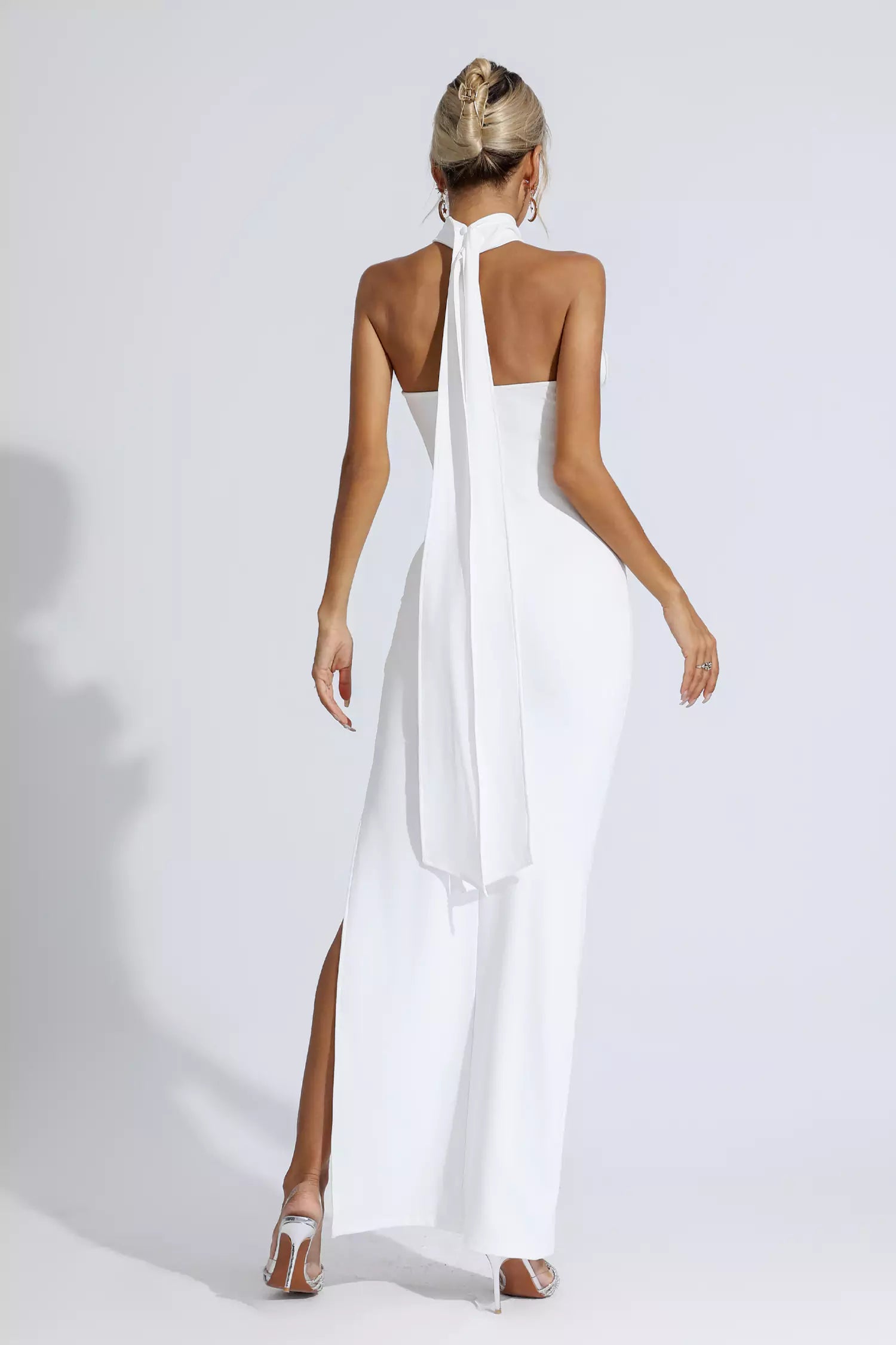 Arnold White Floral Ruched Halter Maxi Dress