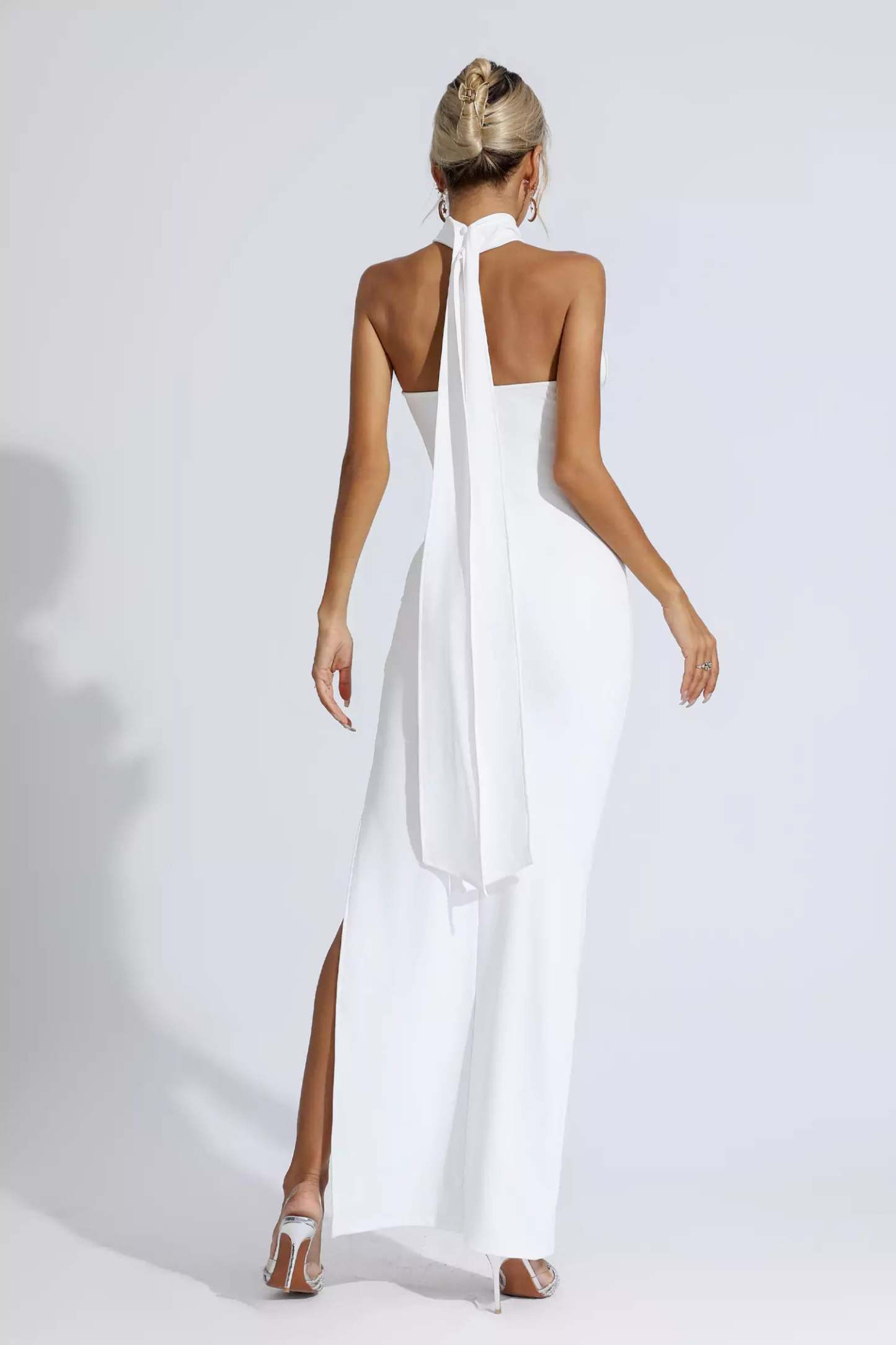 Arnold White Floral Ruched Halter Maxi Dress
