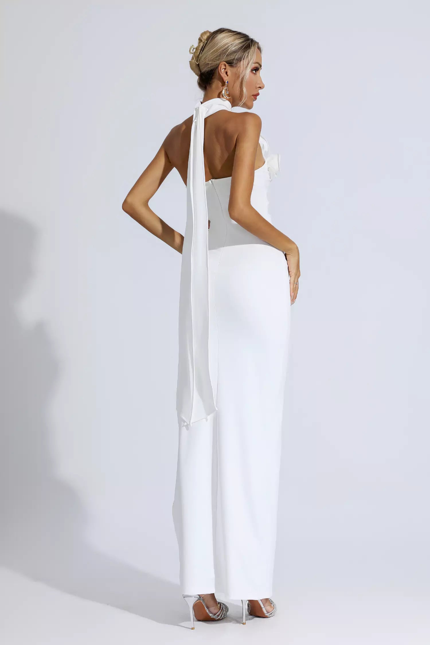 Arnold White Floral Ruched Halter Maxi Dress