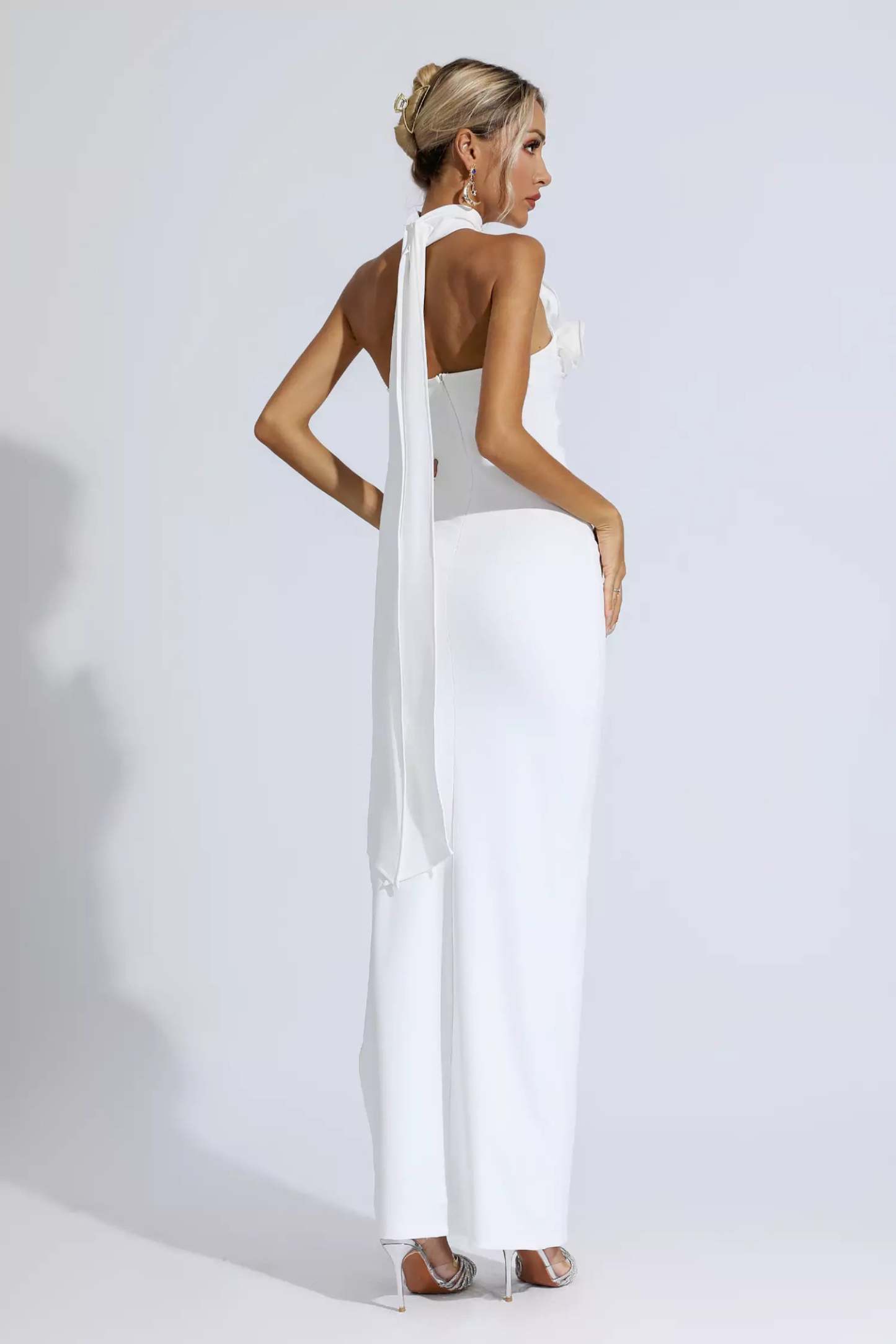 Arnold White Floral Ruched Halter Maxi Dress