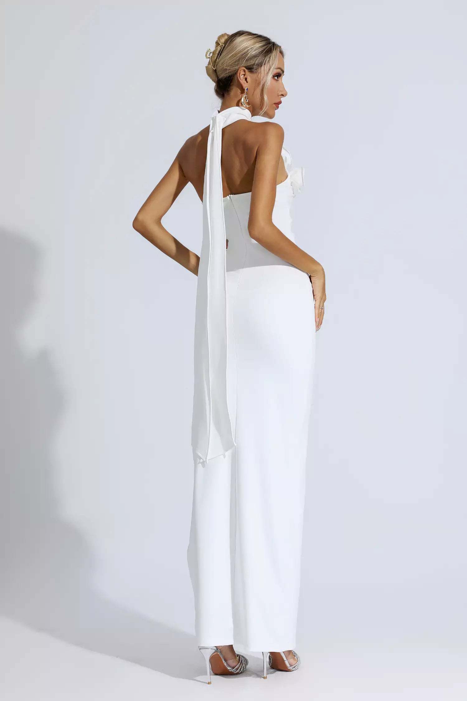 Arnold White Floral Ruched Halter Maxi Dress