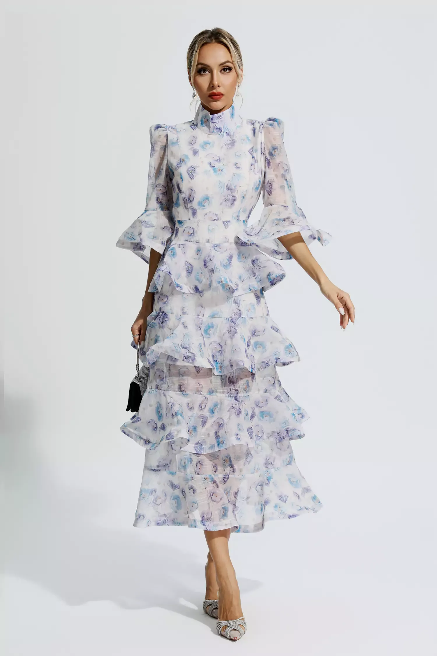 Afra Blue Purple Floral Ruched Maxi Dress