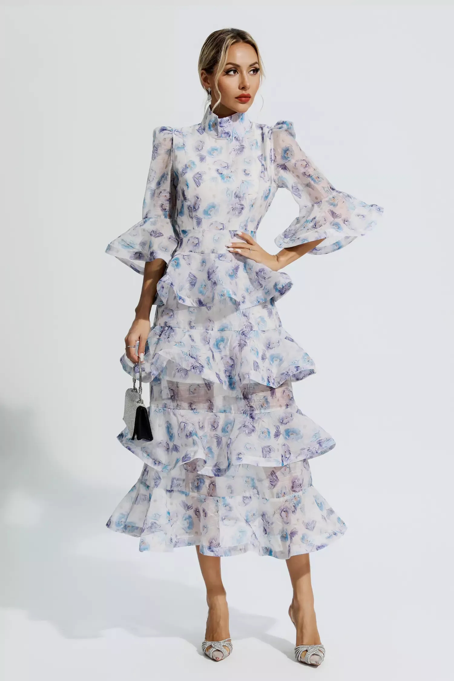 Afra Blue Purple Floral Ruched Maxi Dress