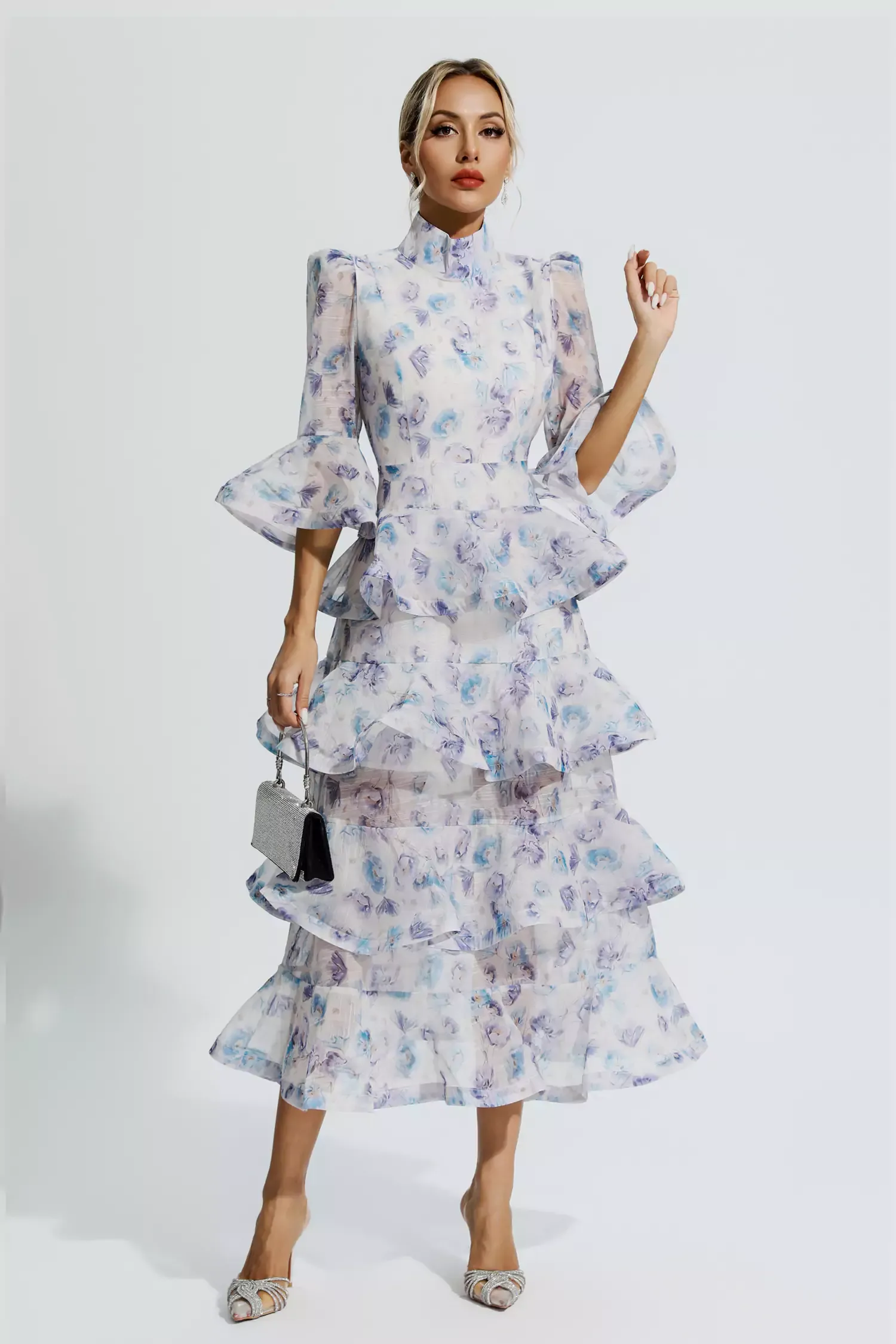 Afra Blue Purple Floral Ruched Maxi Dress