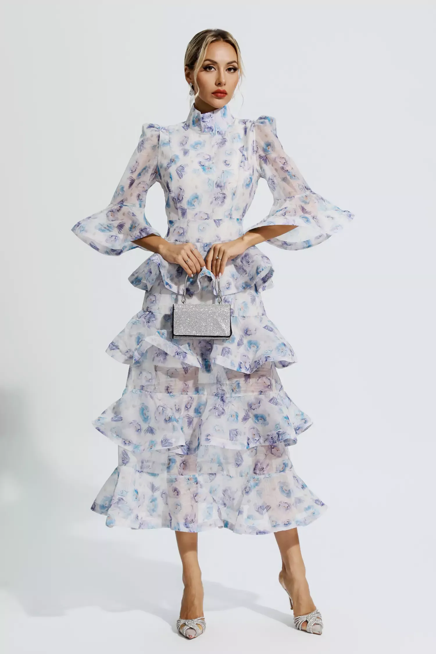 Afra Blue Purple Floral Ruched Maxi Dress