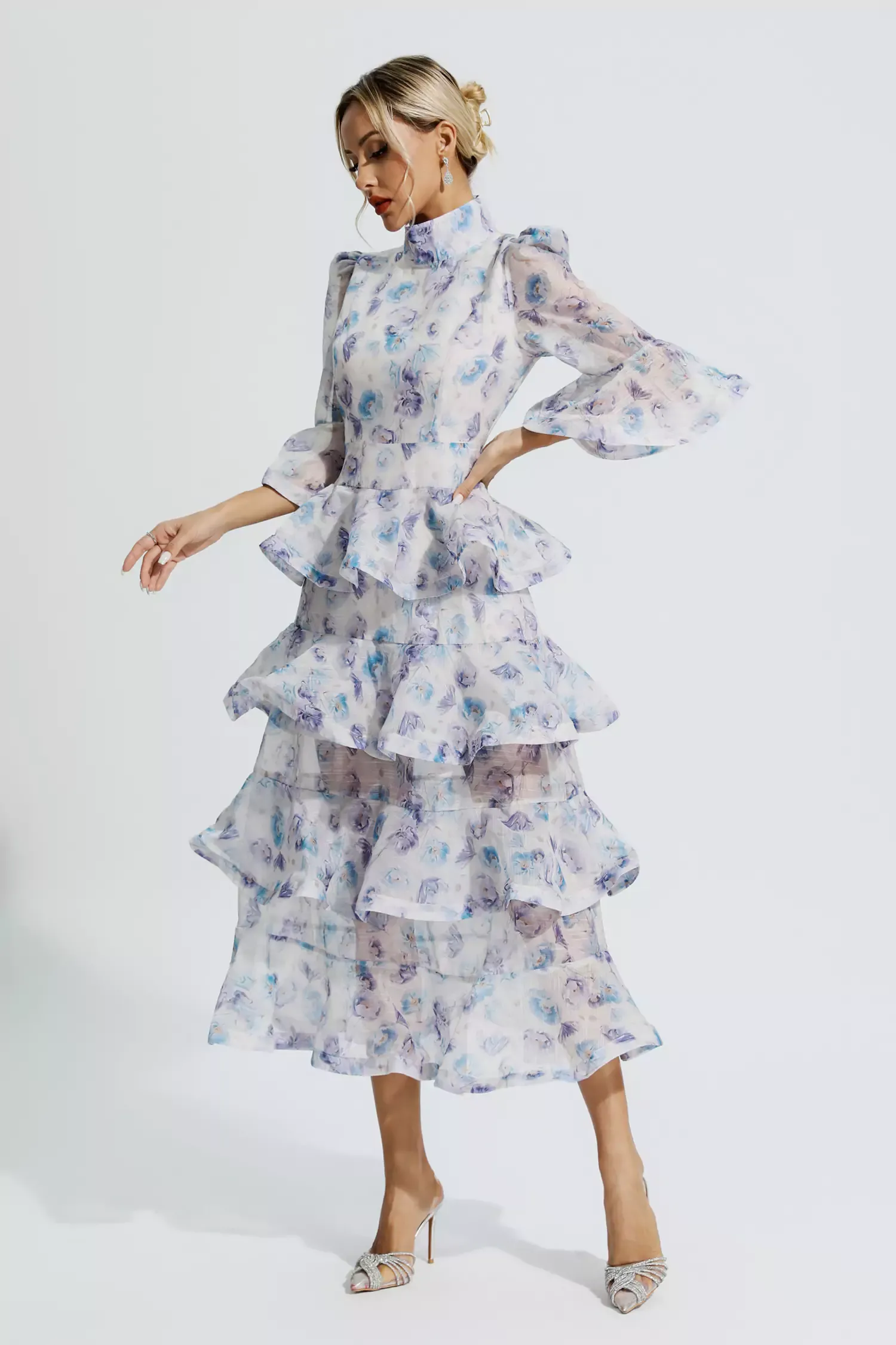 Afra Blue Purple Floral Ruched Maxi Dress