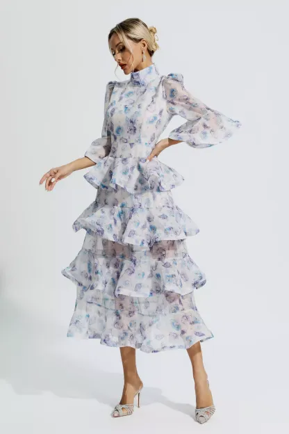 Afra Blue Purple Floral Ruched Maxi Dress