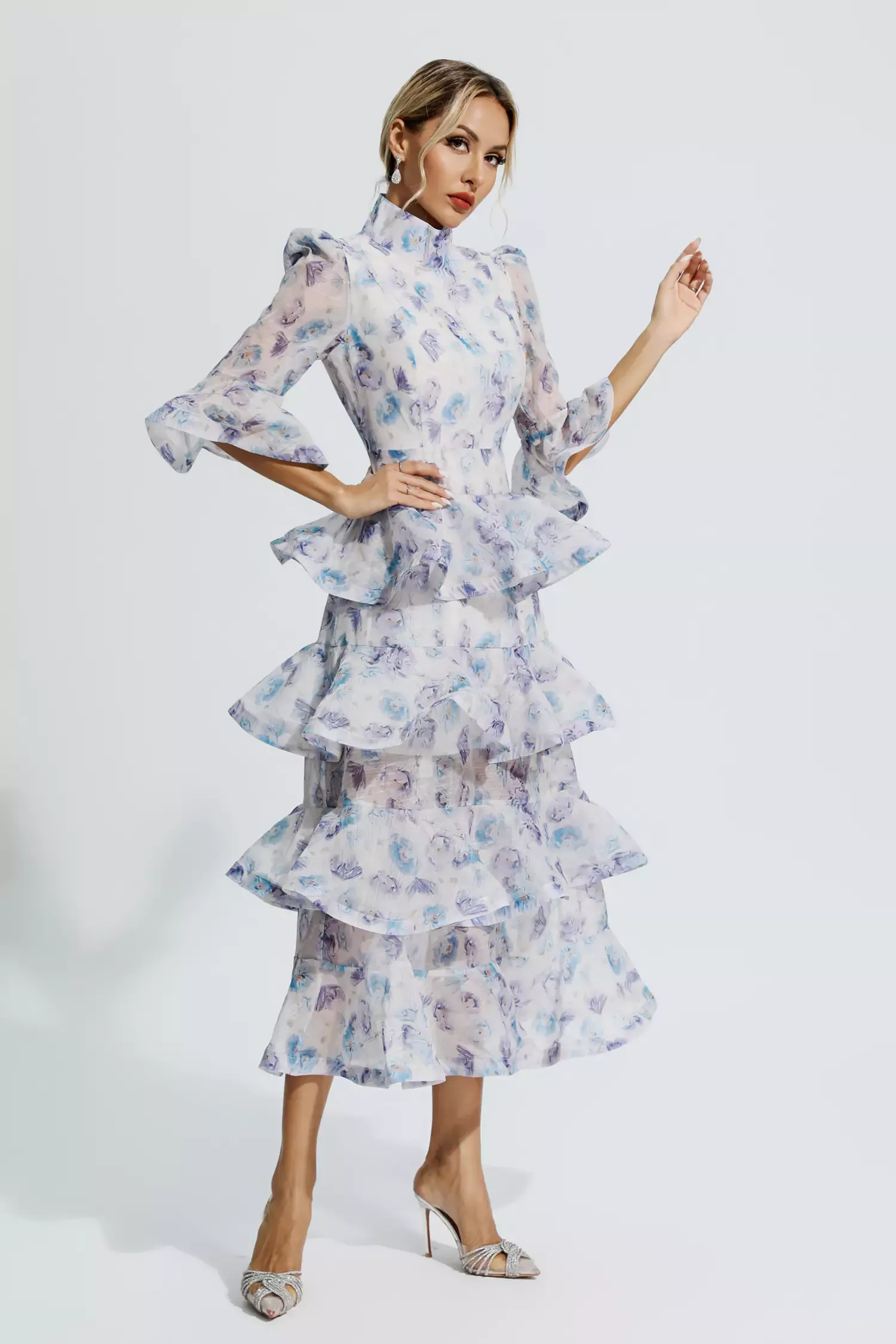 Afra Blue Purple Floral Ruched Maxi Dress