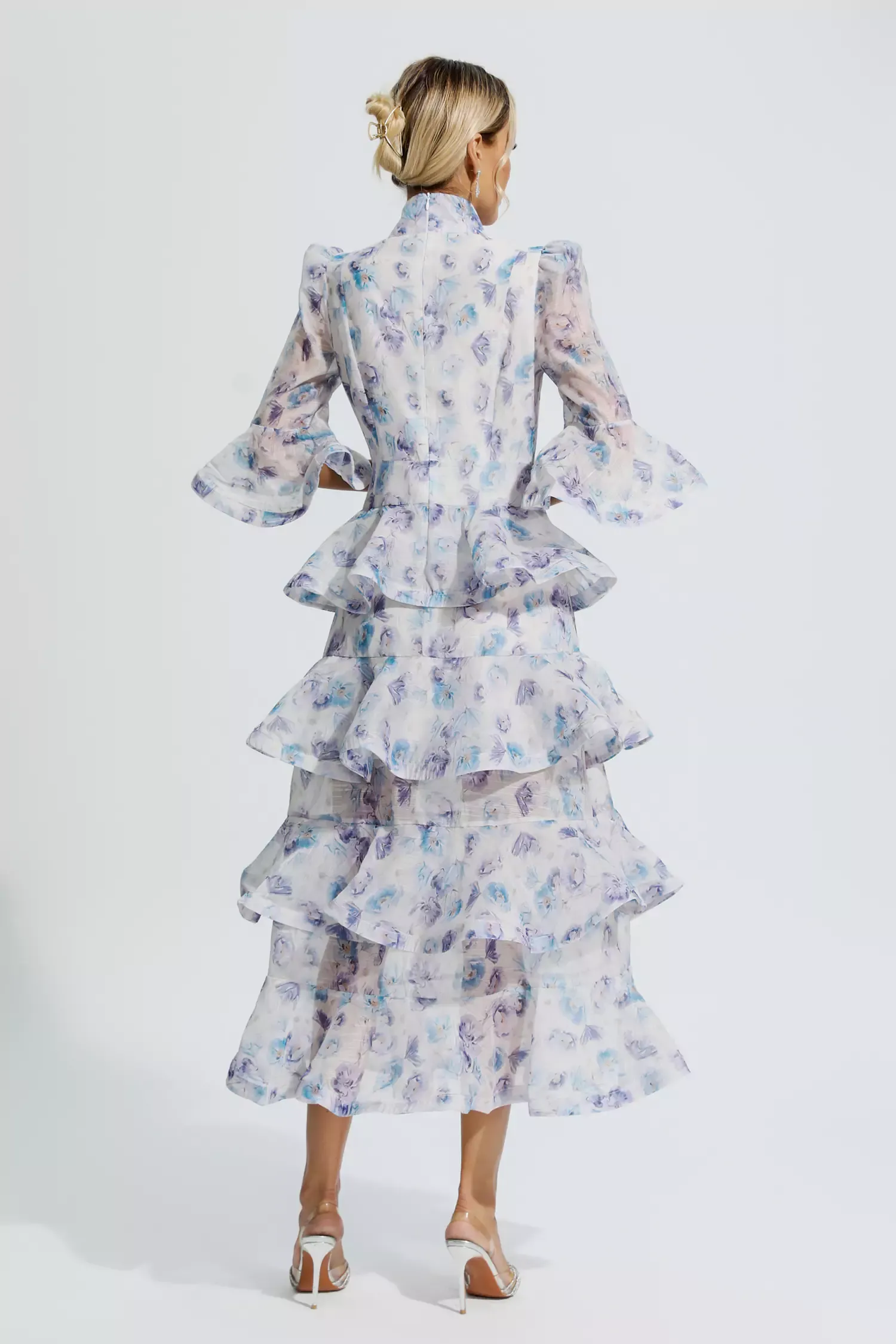 Afra Blue Purple Floral Ruched Maxi Dress