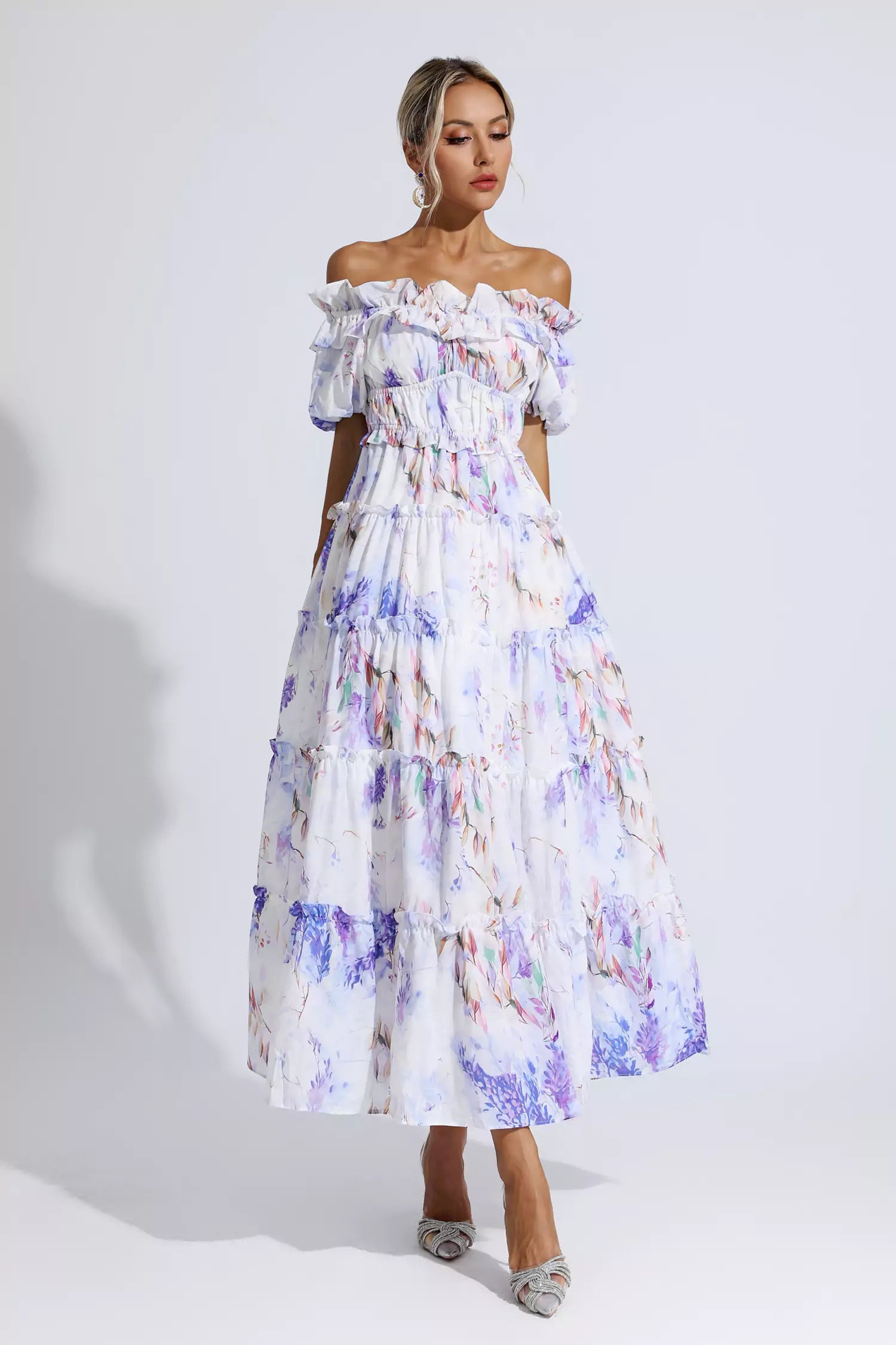 Corey Purple Floral Ruched Maxi Dress