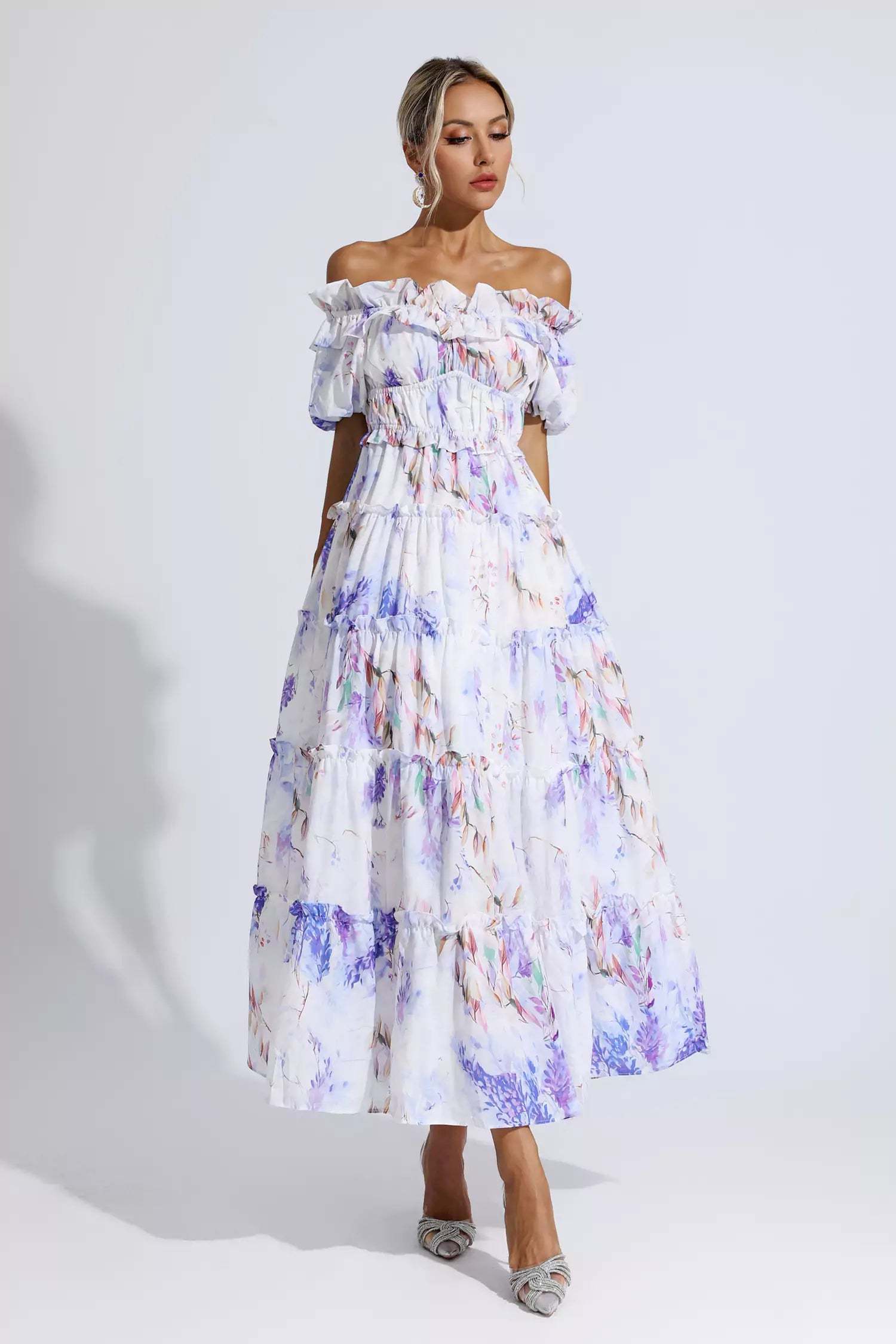 Corey Purple Floral Ruched Maxi Dress