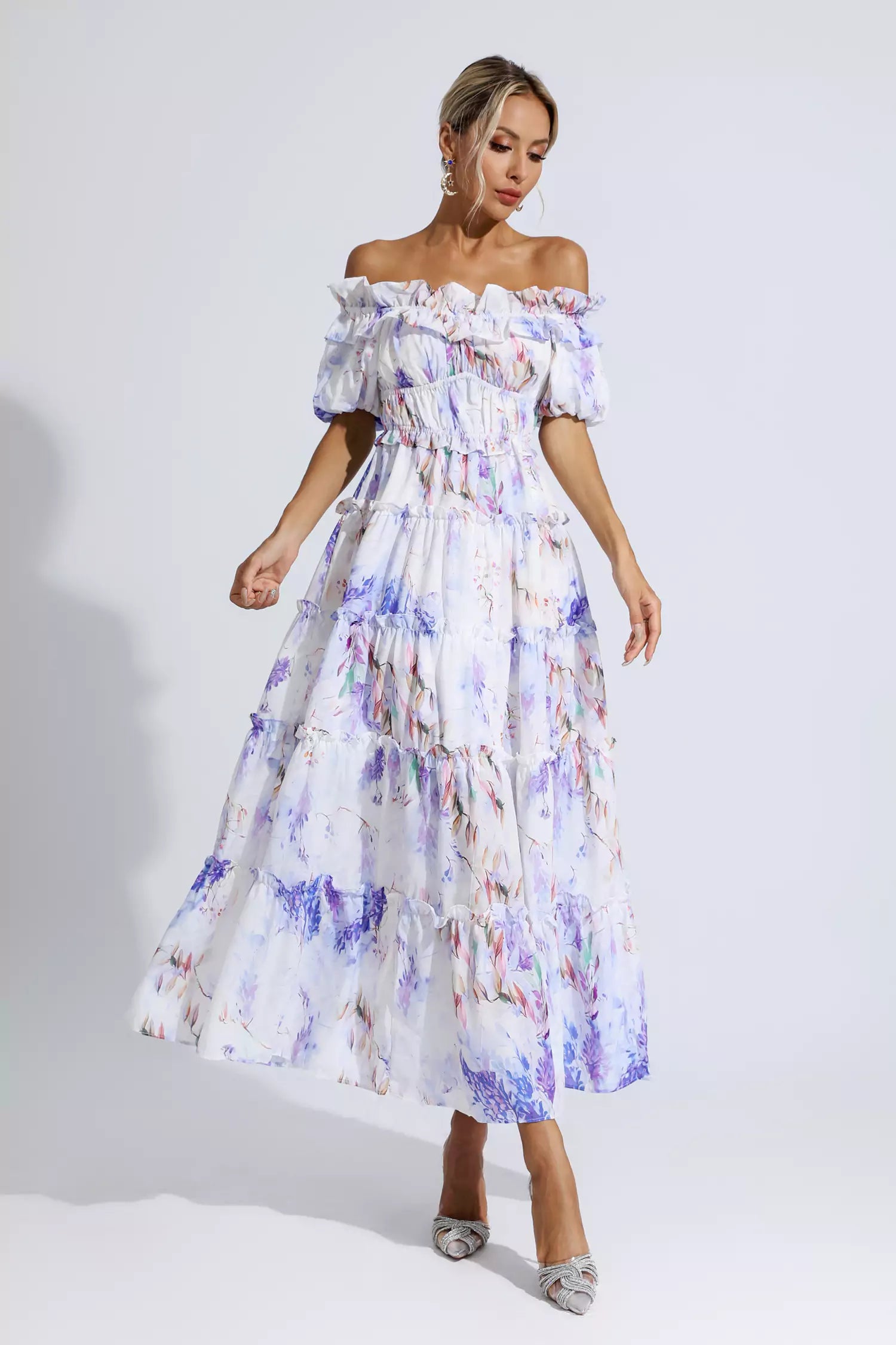 Corey Purple Floral Ruched Maxi Dress