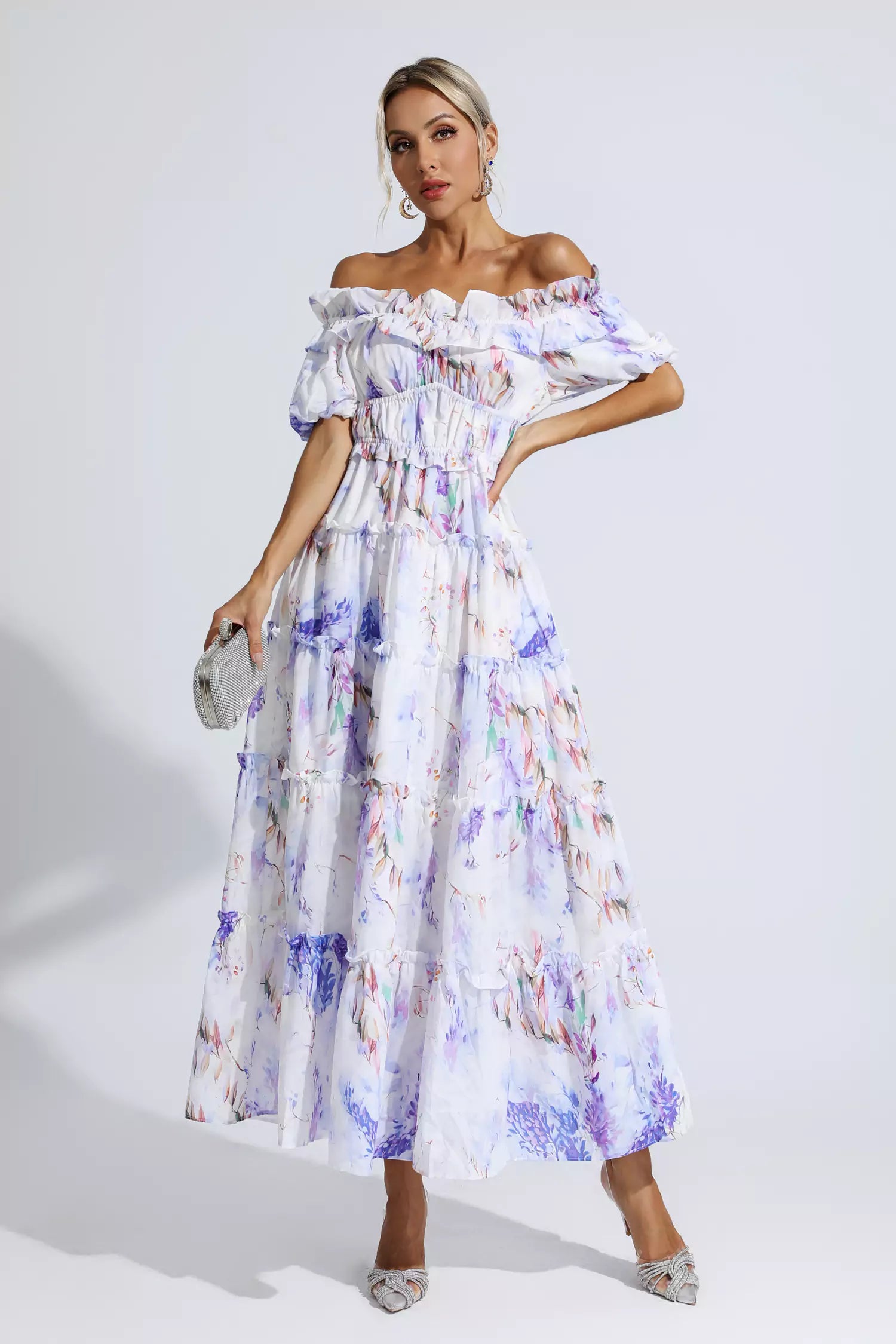 Corey Purple Floral Ruched Maxi Dress