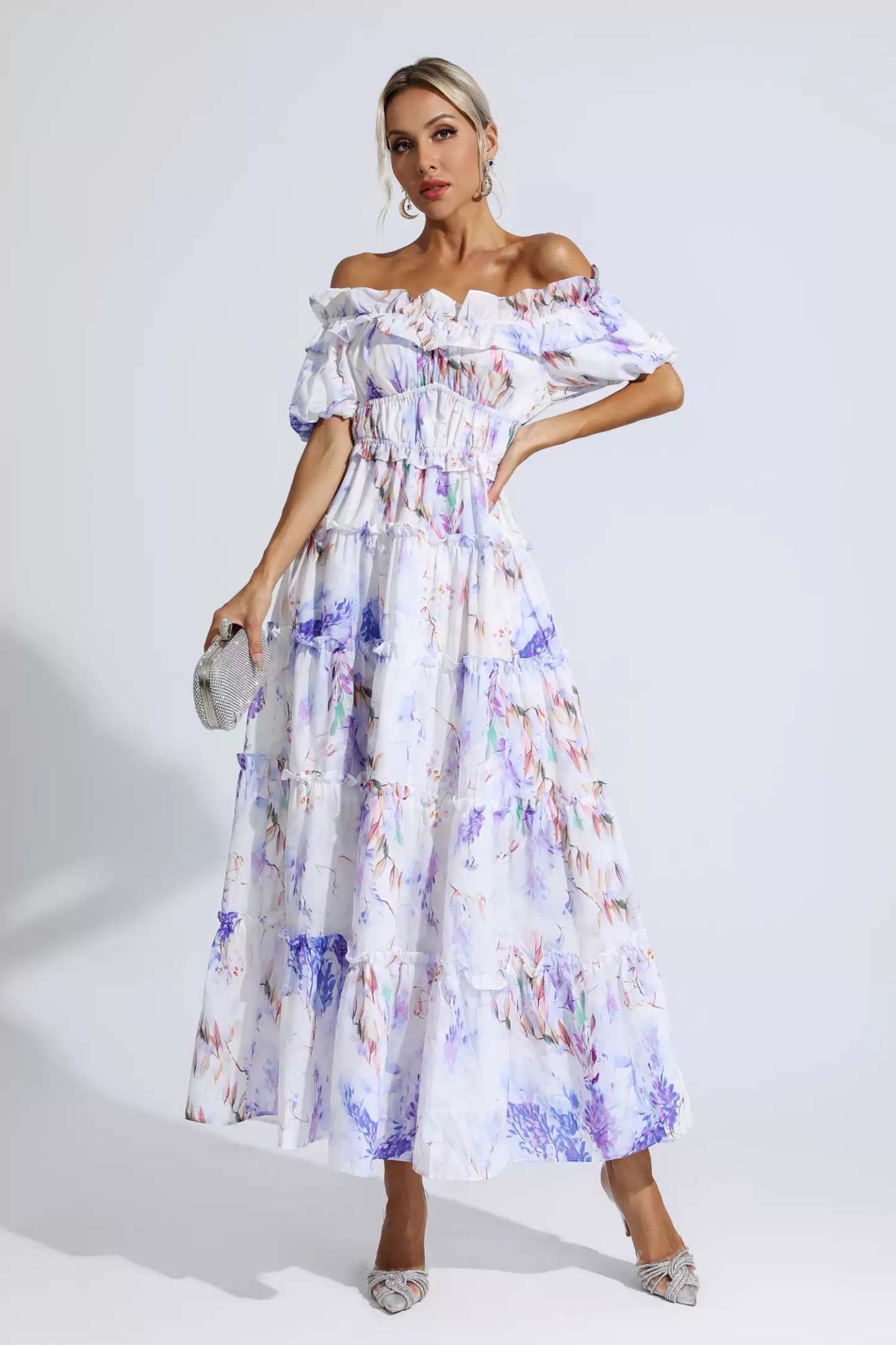 Corey Purple Floral Ruched Maxi Dress