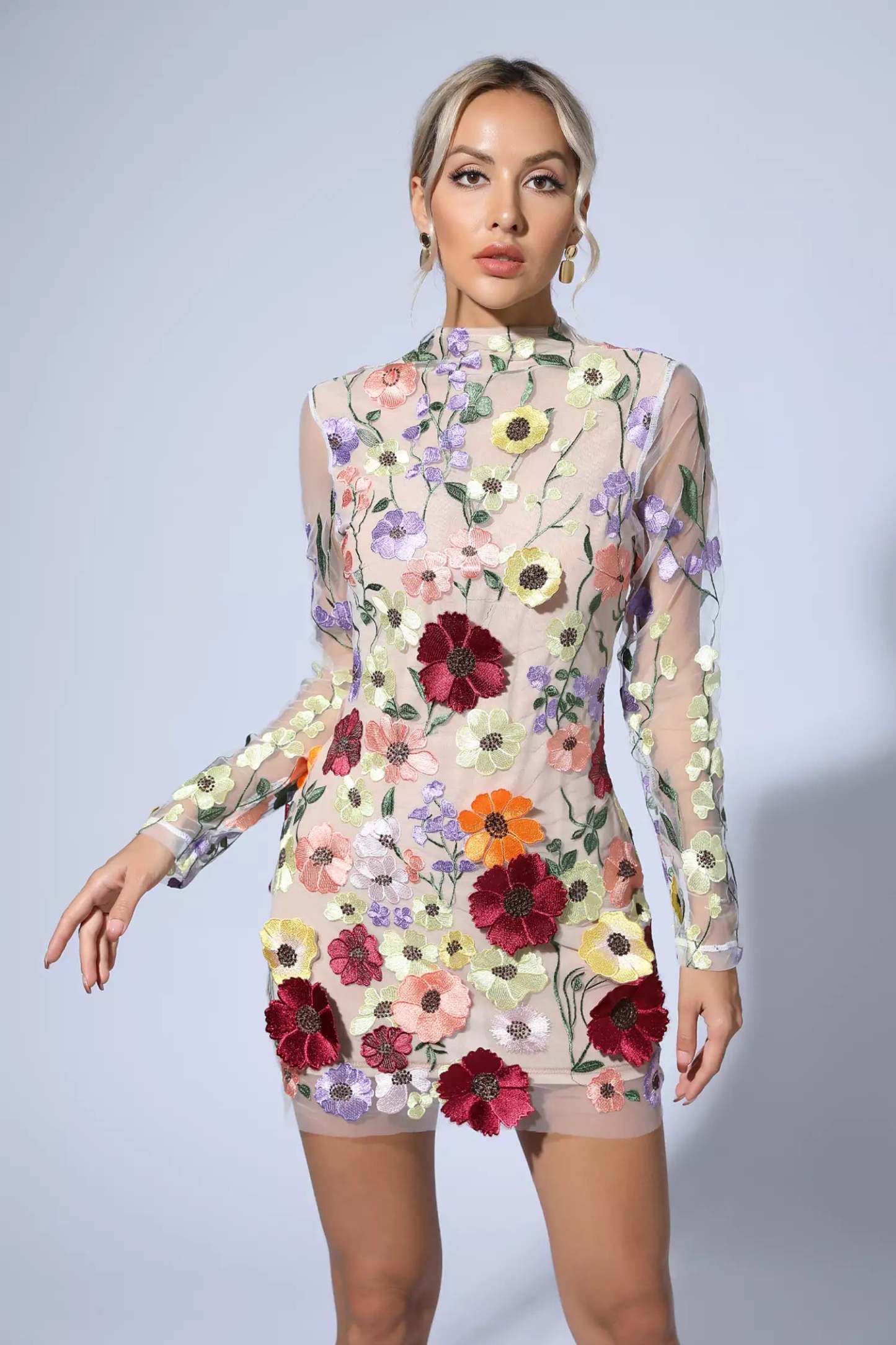 Evan Flesh Pink Floral Embroidery Mini Dress