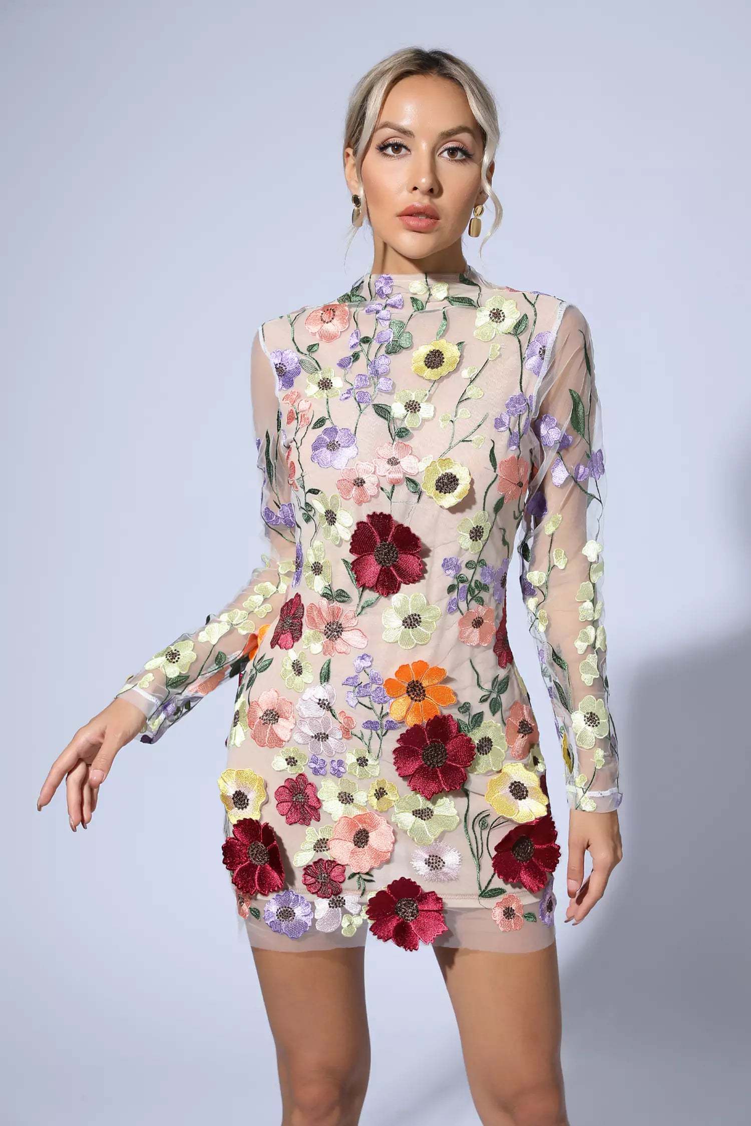 Evan Flesh Pink Floral Embroidery Mini Dress