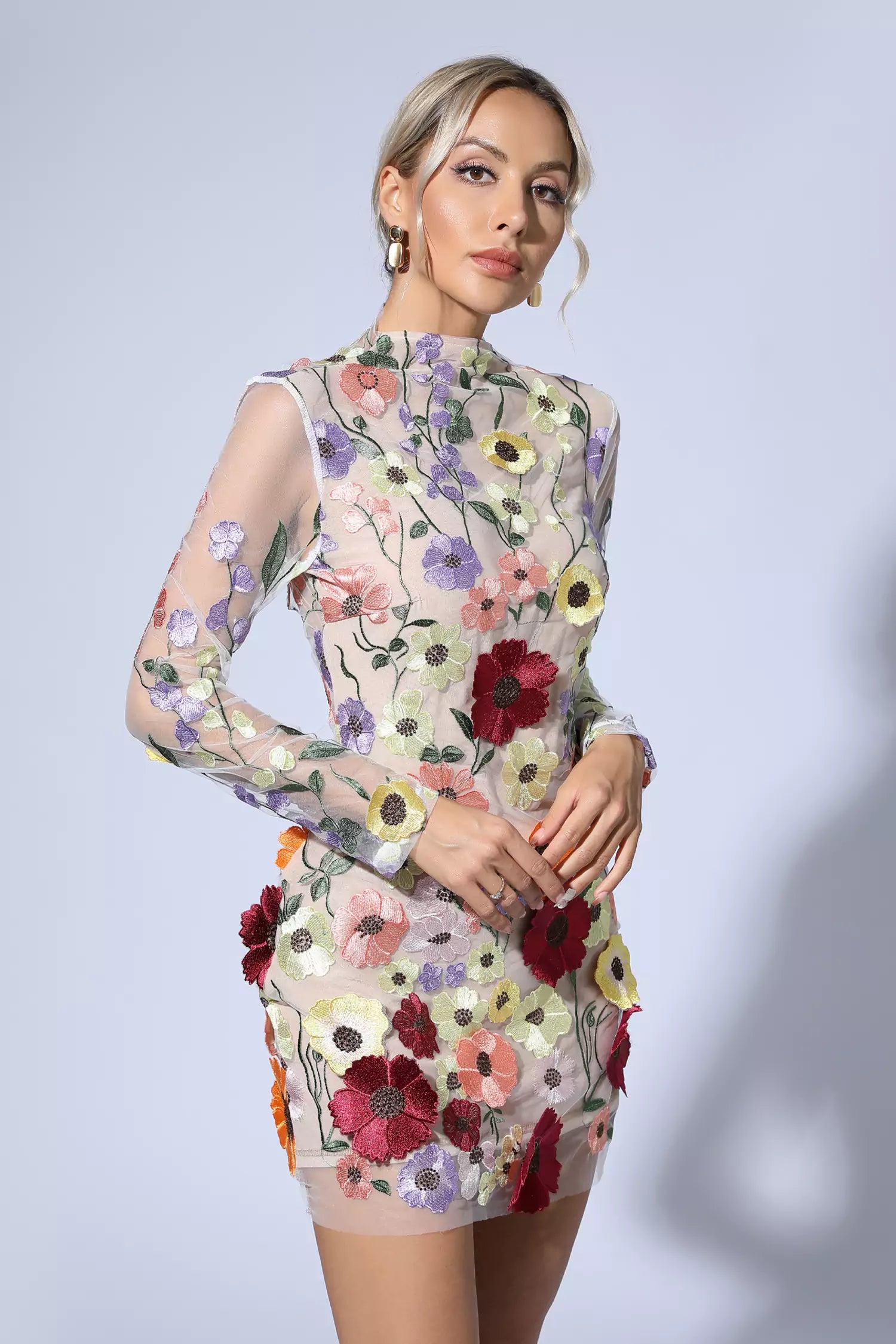 Evan Flesh Pink Floral Embroidery Mini Dress