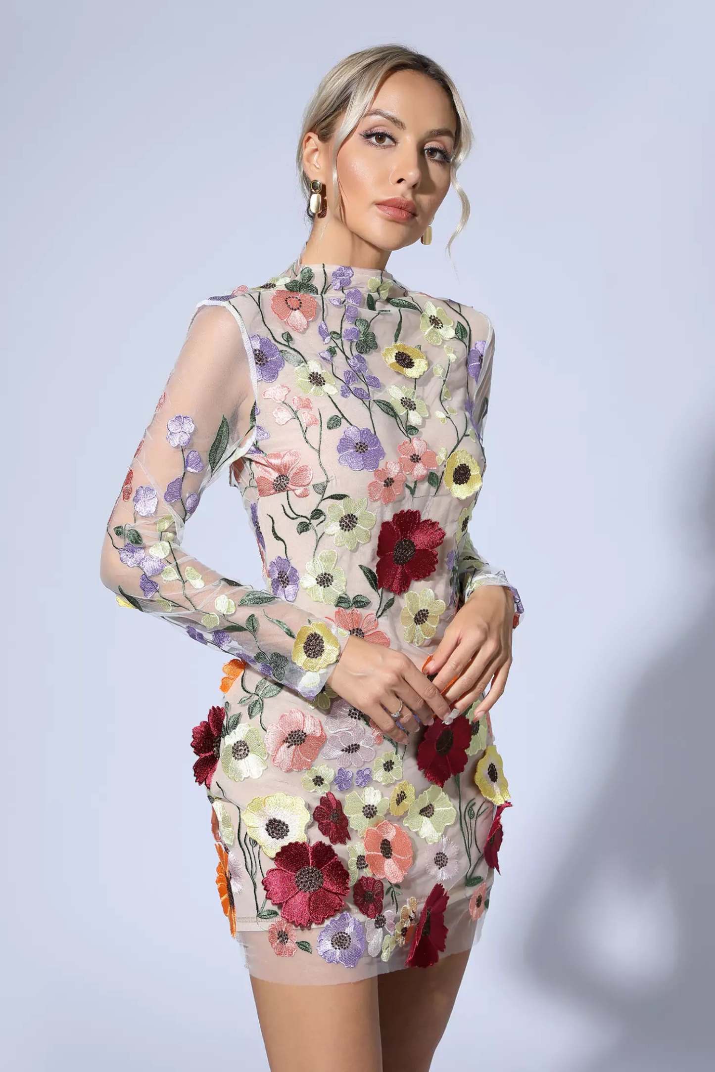 Evan Flesh Pink Floral Embroidery Mini Dress