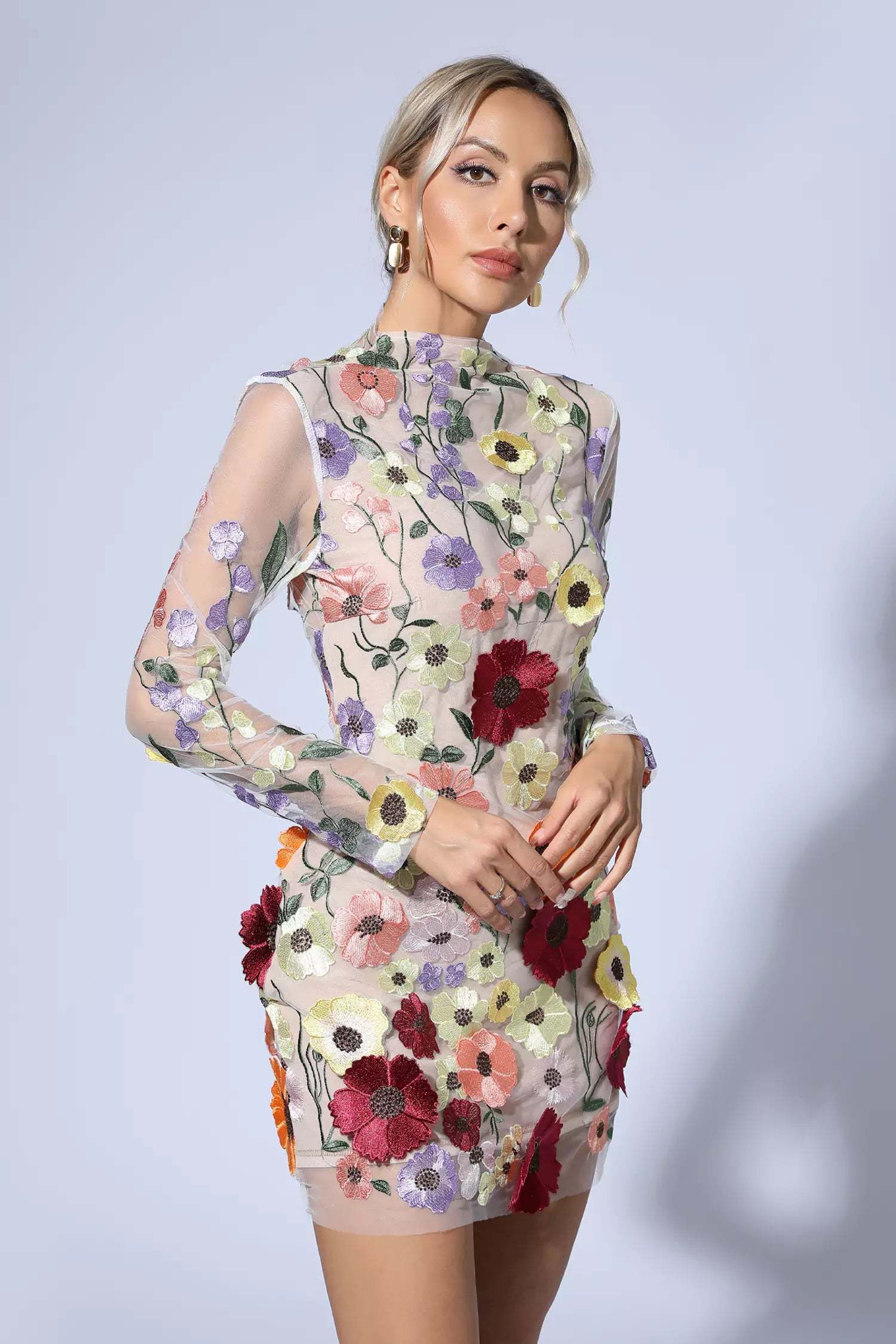 Evan Flesh Pink Floral Embroidery Mini Dress