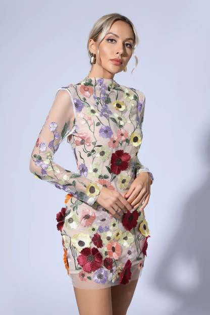 Evan Flesh Pink Floral Embroidery Mini Dress