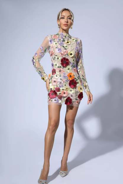 Evan Flesh Pink Floral Embroidery Mini Dress