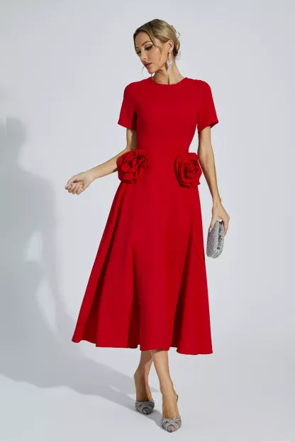 Jesse Red Flower Midi Dress