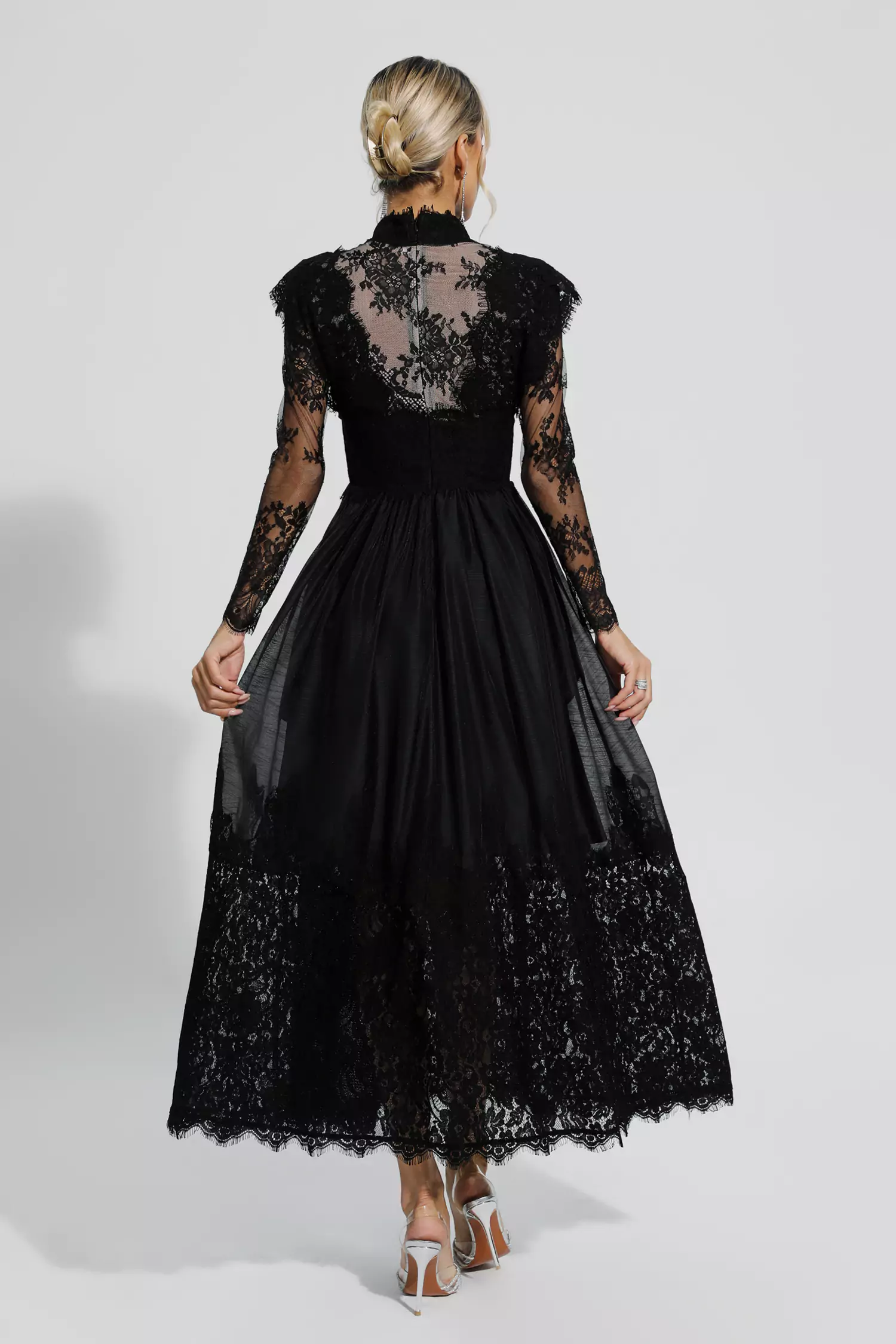 Hodge Black Floral Lace Stitching Long Sleeve Dress