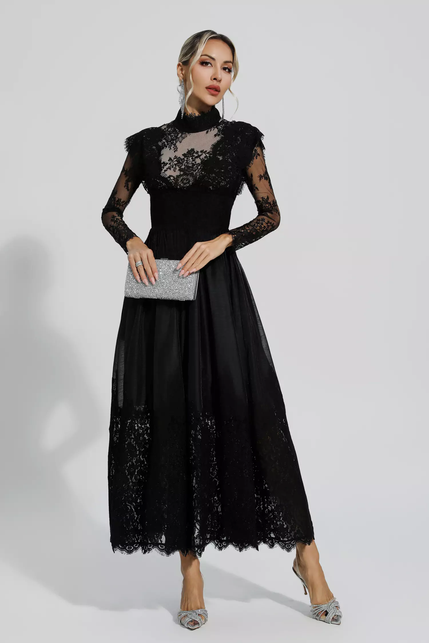 Hodge Black Floral Lace Stitching Long Sleeve Dress