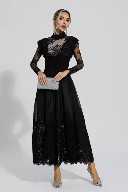 Hodge Black Floral Lace Stitching Long Sleeve Dress