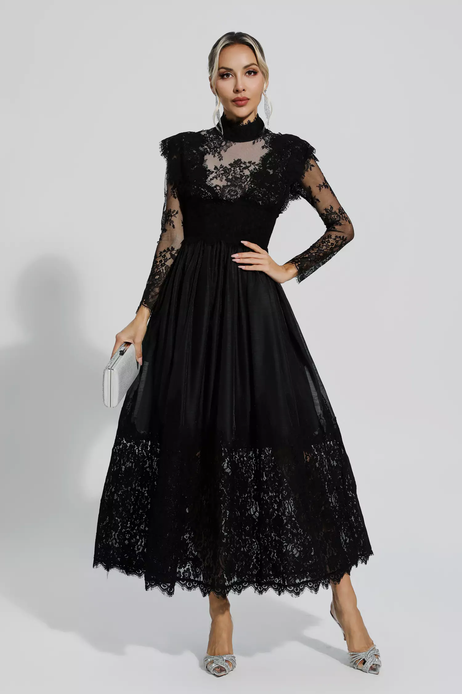 Hodge Black Floral Lace Stitching Long Sleeve Dress