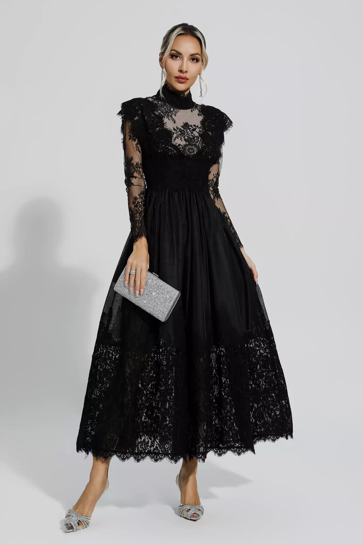 Hodge Black Floral Lace Stitching Long Sleeve Dress