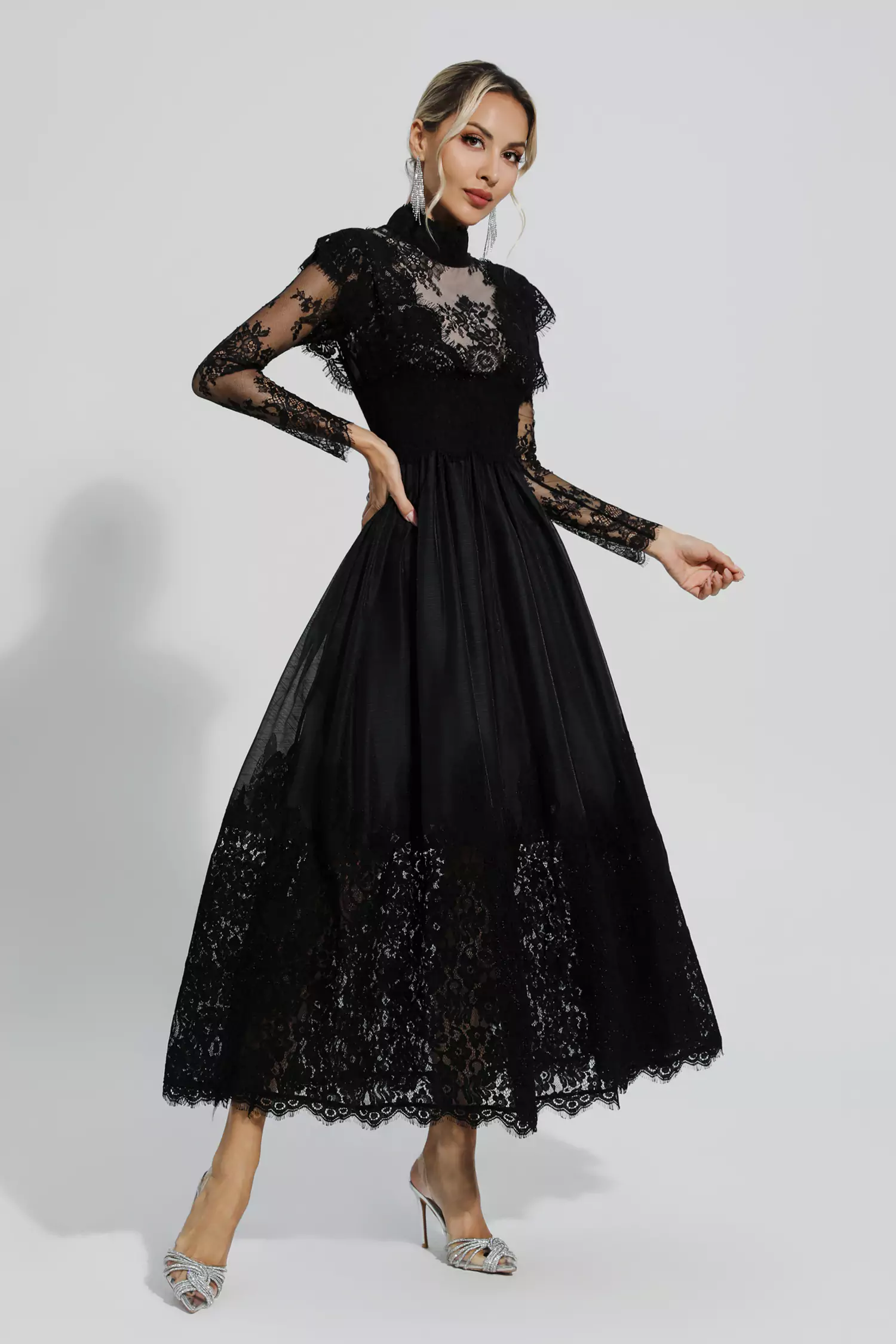 Hodge Black Floral Lace Stitching Long Sleeve Dress