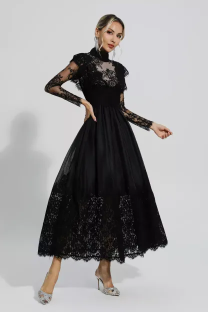 Hodge Black Floral Lace Stitching Long Sleeve Dress