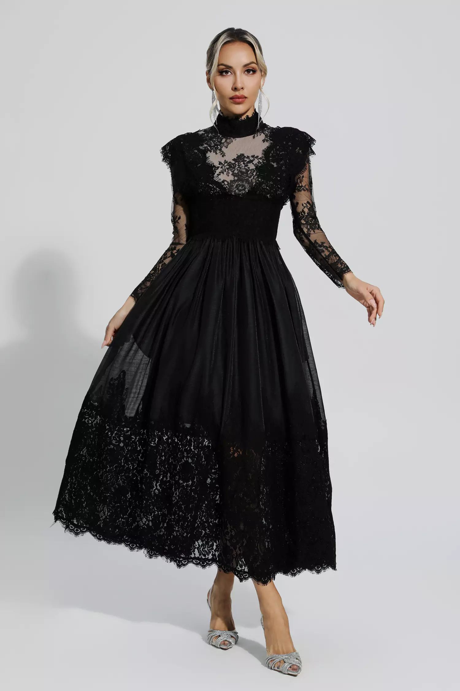 Hodge Black Floral Lace Stitching Long Sleeve Dress