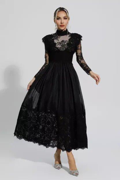 Hodge Black Floral Lace Stitching Long Sleeve Dress