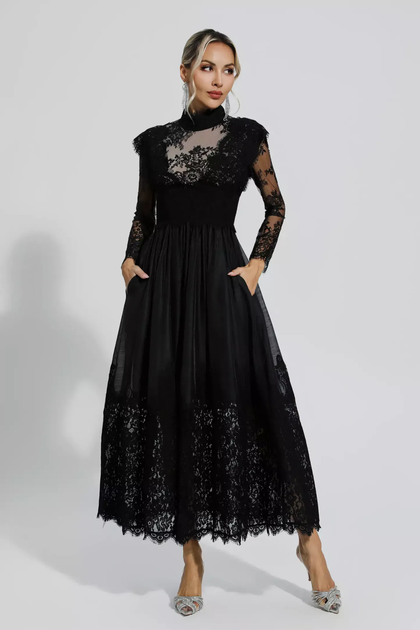 Hodge Black Floral Lace Stitching Long Sleeve Dress