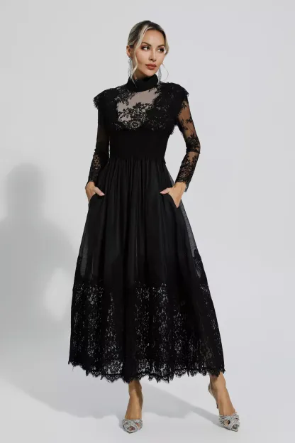 Hodge Black Floral Lace Stitching Long Sleeve Dress