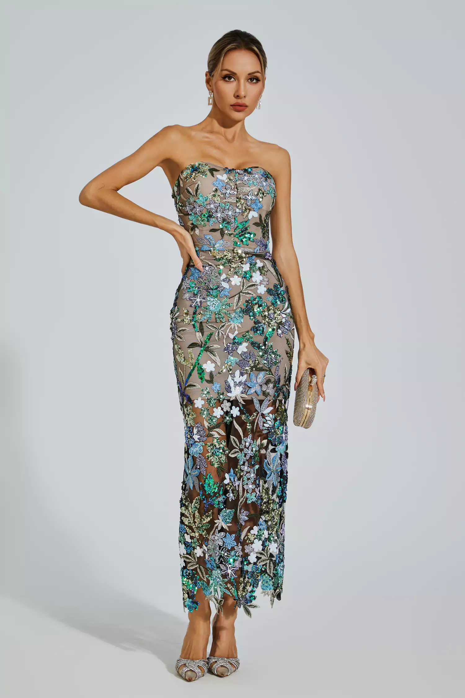 Eddie Blue Flower Embroidered Maxi Dress