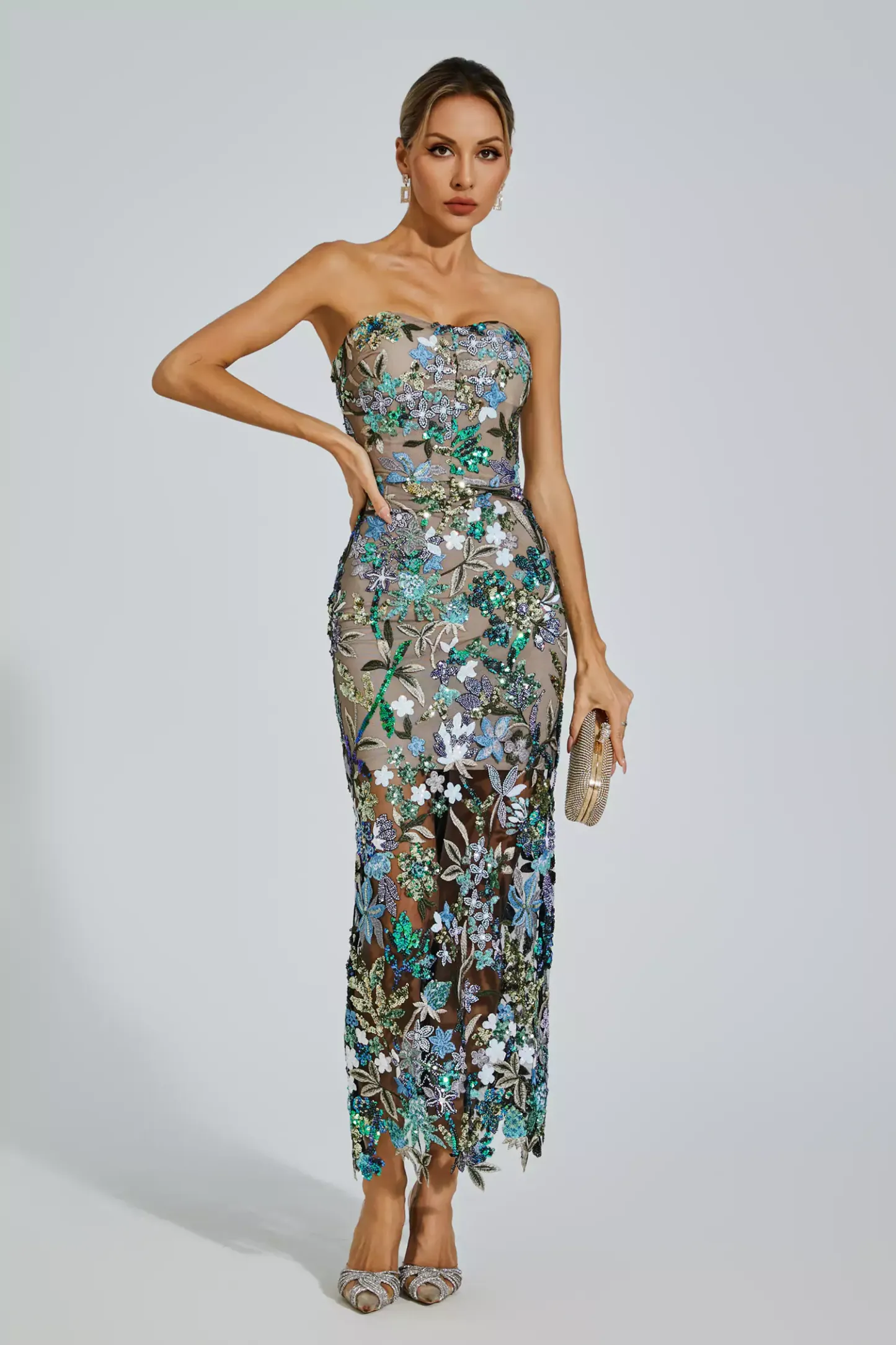 Eddie Blue Flower Embroidered Maxi Dress