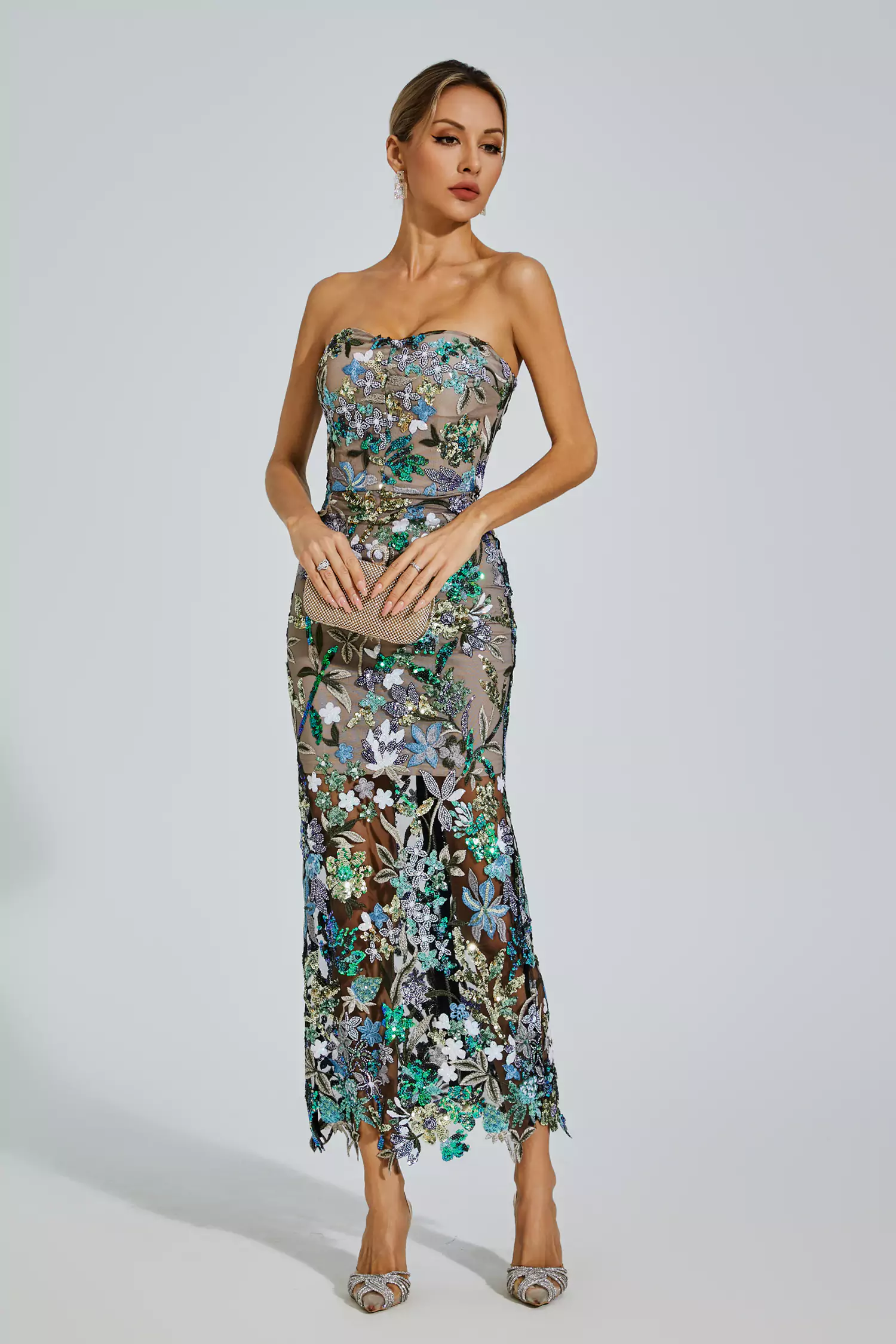 Eddie Blue Flower Embroidered Maxi Dress