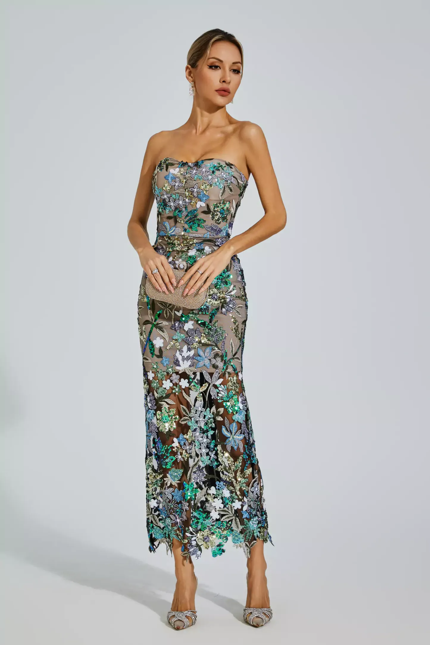 Eddie Blue Flower Embroidered Maxi Dress