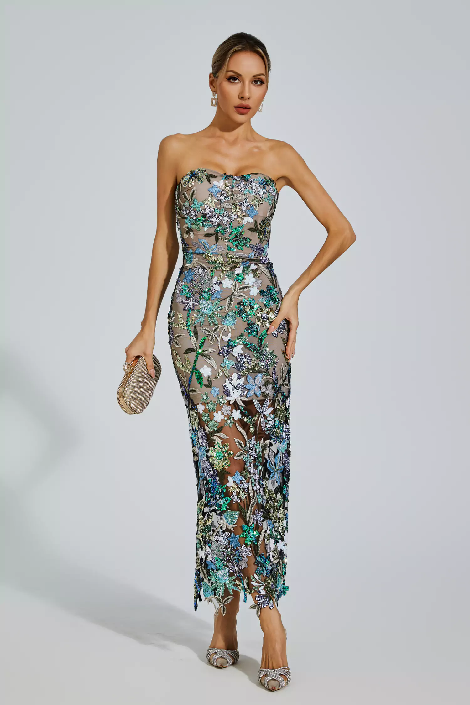 Eddie Blue Flower Embroidered Maxi Dress