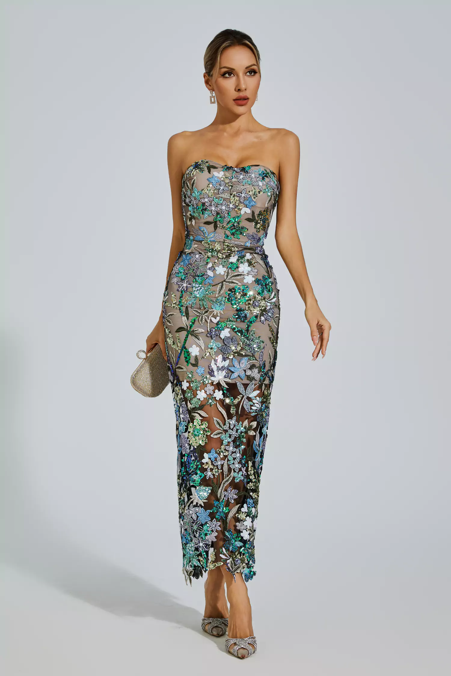 Eddie Blue Flower Embroidered Maxi Dress