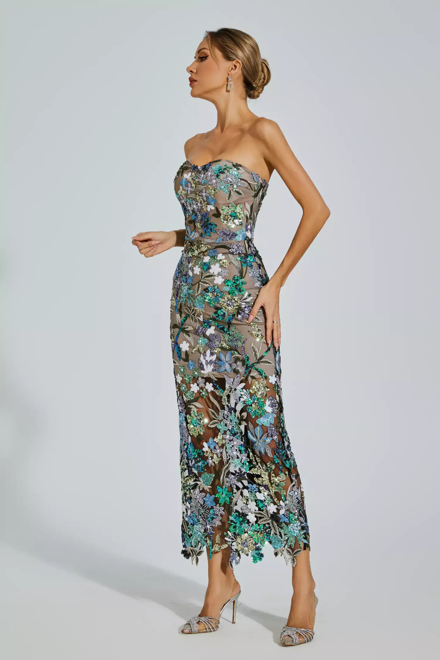 Eddie Blue Flower Embroidered Maxi Dress