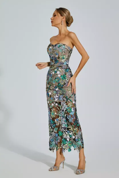 Eddie Blue Flower Embroidered Maxi Dress