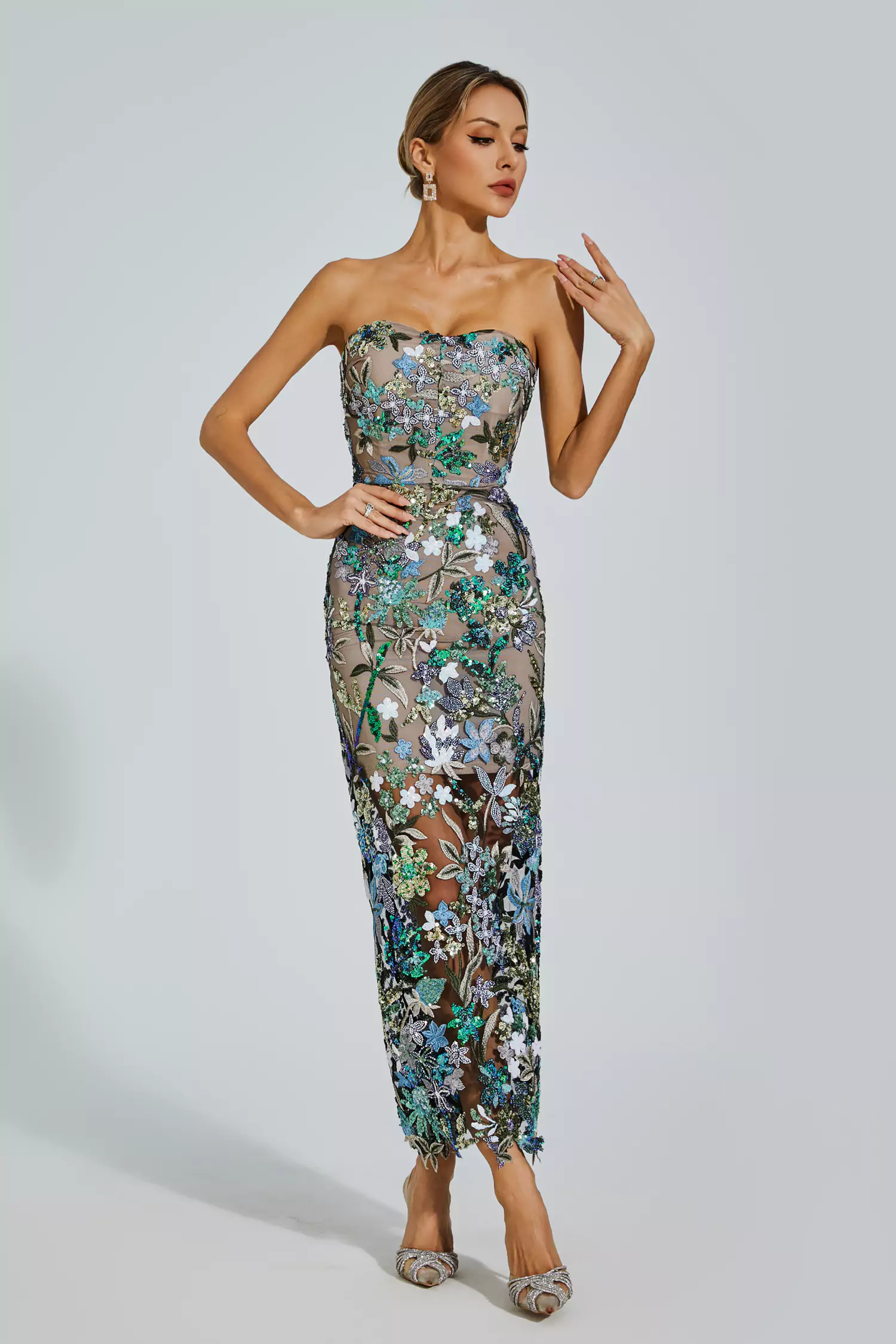 Eddie Blue Flower Embroidered Maxi Dress